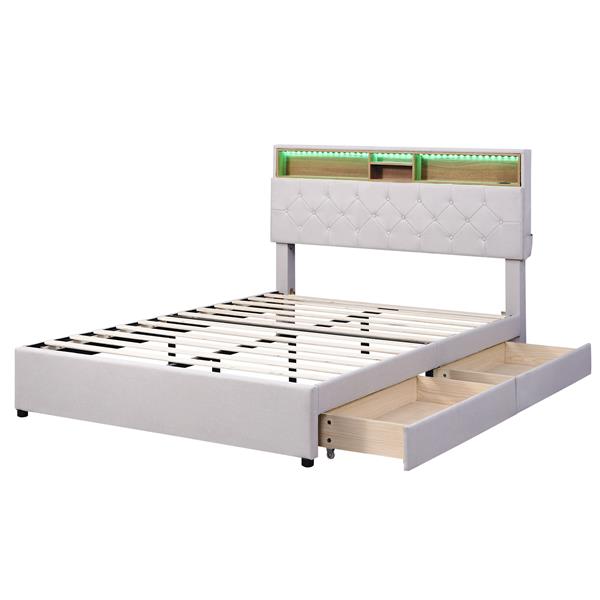 Full Size Upholstered Platform Bed with Storage Headboard, LED, USB Charging and 2 Drawers, Beige