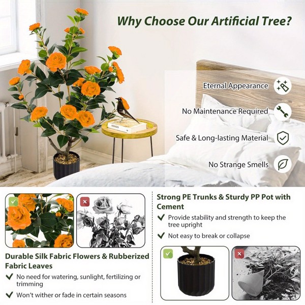 2pcs Artificial Camellia Tree, 35in Faux Camellia Plant in Pot with Orange Flowers for Spring Home Front Door Outdoor Indoor Decoration