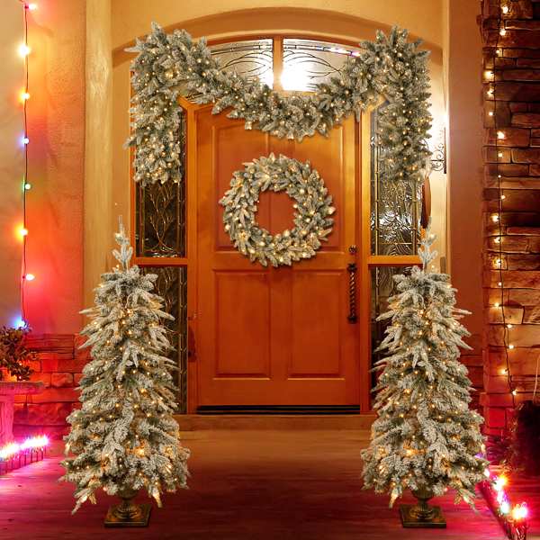 Pre-lit Christmas Artificial Tree 4-Piece Set, Garland, Wreath and Set of 2 Entrance Trees, X-mas with LED Lights, PVC Festival Celebration Set, Green 