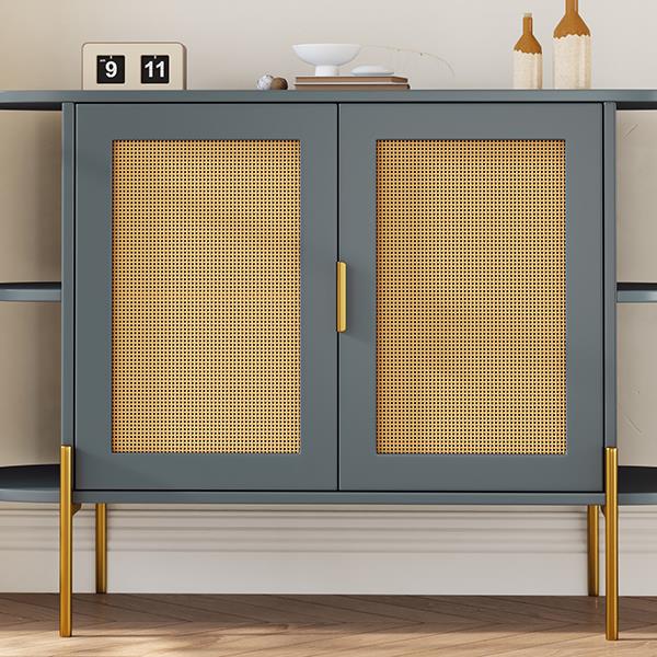 2-Door Elegant Curved Dining Cabinet with Gold Trim and Woven Rattan Doors for Dining Room (Dark Gray)