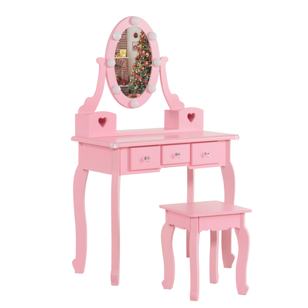 FCH Kids Vanity Set with Mirror and Lights and Stool, 5 Storage Drawers, Pretend Play Princess Makeup Desk Dressing Table and Stool Set for Little Girls Age 3+, Macaroon Pink