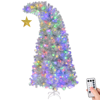 6 FT Bent Top Pre-lit Christmas Tree with Golden Star, Hinged Artificial Xmas Tree with 300 Lights, 900 Branch Tips and Remote Control for Holiday Party Store Office Home, Silver