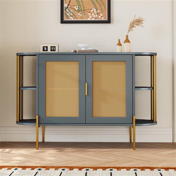 2-Door Elegant Curved Dining Cabinet with Gold Trim and Woven Rattan Doors for Dining Room (Dark Gray)