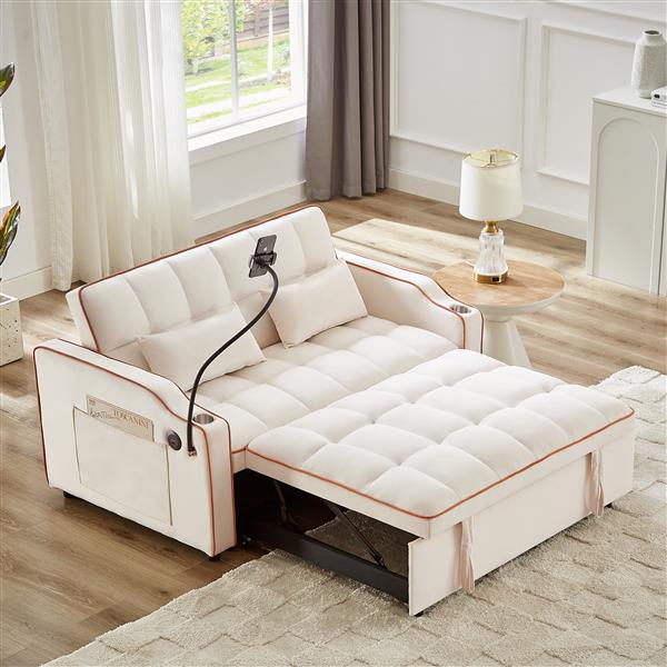 1 versatile foldable sofa bed in 3 lengths, modern sofa sofa sofa velvet pull-out bed, adjustable back and with USB port and ashtray and swivel phone stand (beige)