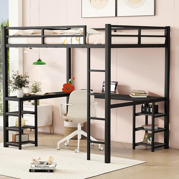 Full Metal Loft Bed with Desk and Shelves, Loft Bed with Ladder and Guardrails, Loft Bed Frame for Bedroom, Black with black desk