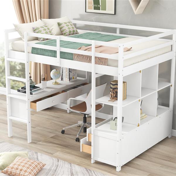 Full Size Loft Bed with Built-in Desk with Two Drawers, and Storage Shelves and Drawers,White