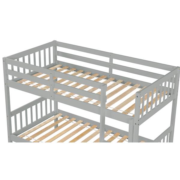 Twin Over Twin Bunk Beds with Trundle, Solid Wood Trundle Bed Frame with Safety Rail and Ladder, Kids/Teens Bedroom, Guest Room Furniture, Can Be converted into 2 Beds,Grey