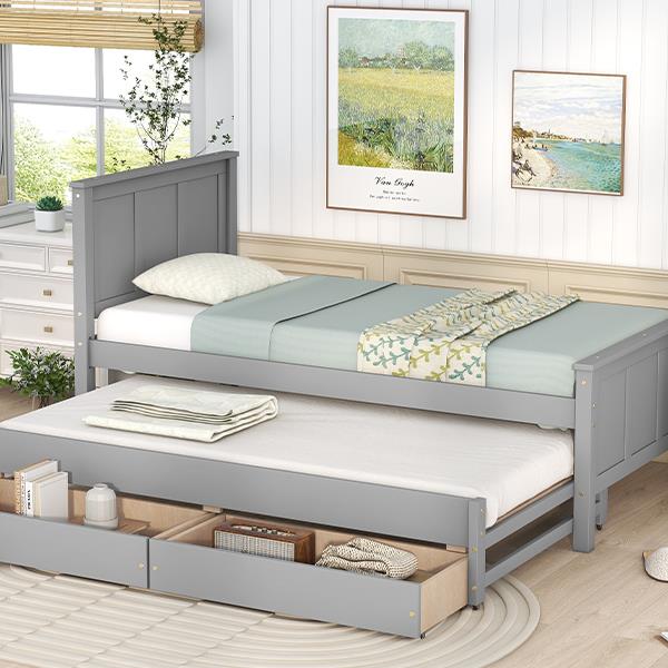 Twin Size Platform Bed with Trundle and Drawers, Gray