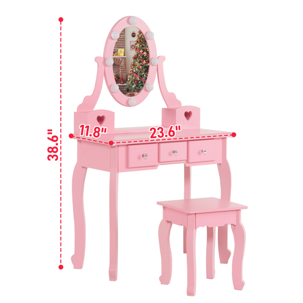 FCH Kids Vanity Set with Mirror and Lights and Stool, 5 Storage Drawers, Pretend Play Princess Makeup Desk Dressing Table and Stool Set for Little Girls Age 3+, Macaroon Pink