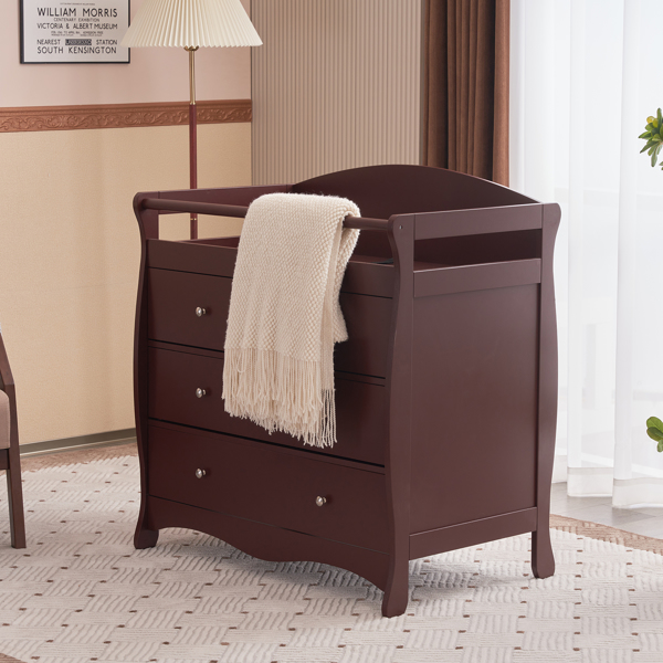 【Old Code:62594198】90*58*99cm Three Drawers With Seat Belt Baby Wooden Bed Nursing Table Brown