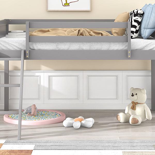 Twin Size Wood Low Loft Bed with Ladder, ladder can be placed on the left or right, Gray