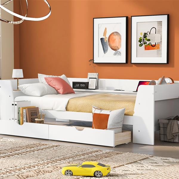 Twin Size Daybed with Shelves, Drawers and Built-In Charging Station, White