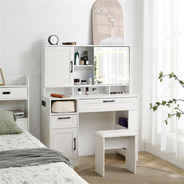 Vanity table with large sliding lighted mirror, dressing table with 2 drawers, storage shelves and upholstered stool, white color