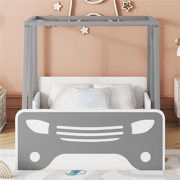 Twin Size Car-shaped Bed with Roof,Wooden Twin Floor Bed with wheels and door Design,Montessori Inspired Bedroom,Grey