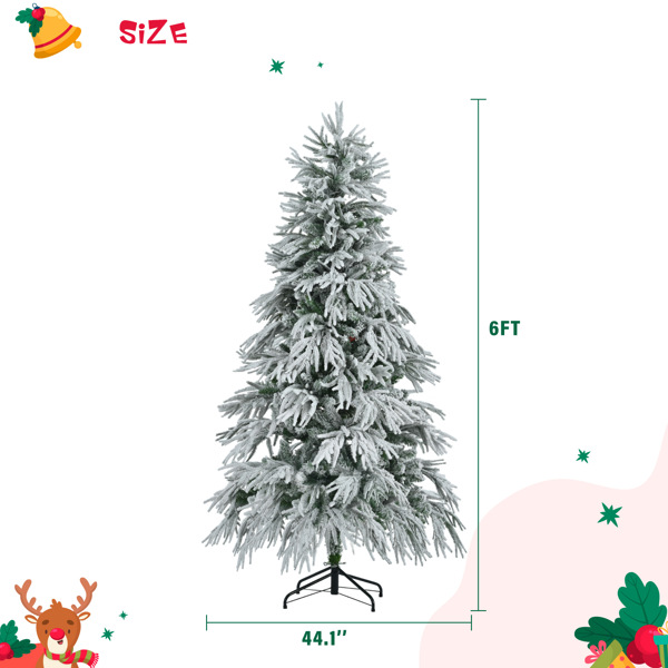 6FT Pre-Lit Spruce Snow Flocked Christmas Tree, Artificial Hinged Xmas Tree with 300 Multi-Color LED Lights, 8 Flashing Modes &790 Snow Branch Tips, Holiday Office Home Décor 