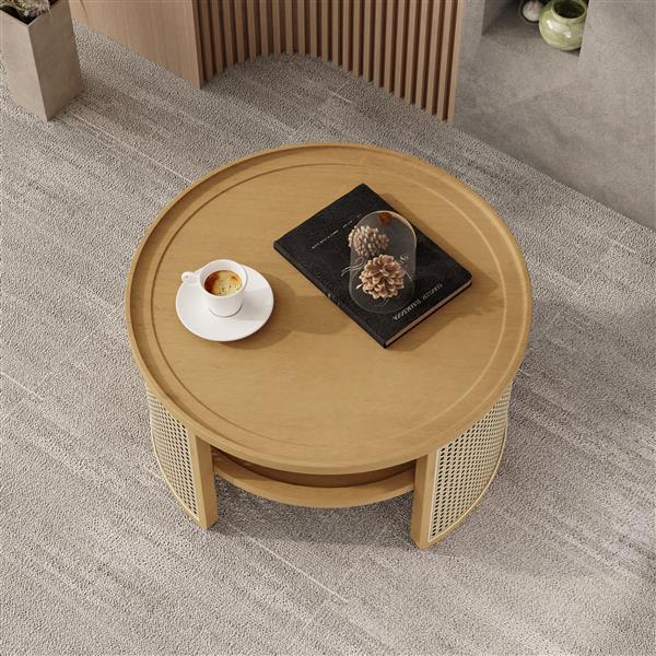 2-Tiered Round Natural Wood Coffee Table with Storage Rattan Base in 31.3''