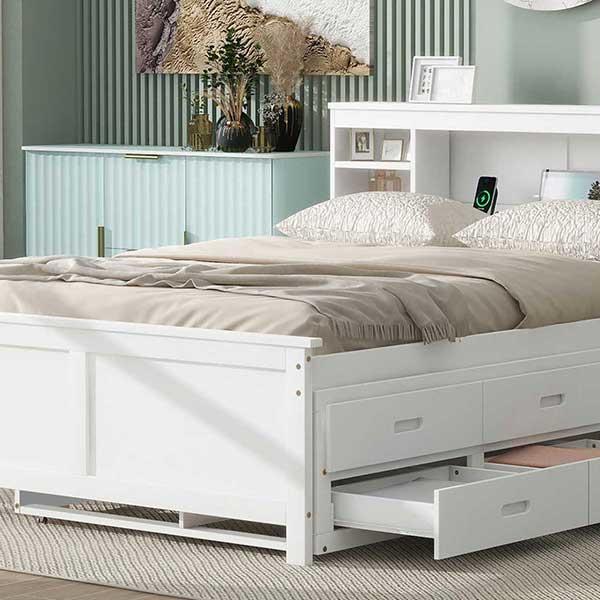 Full Size Platform Bed with Storage Headboard, USB, Twin Size Trundle and 3 Drawers, White