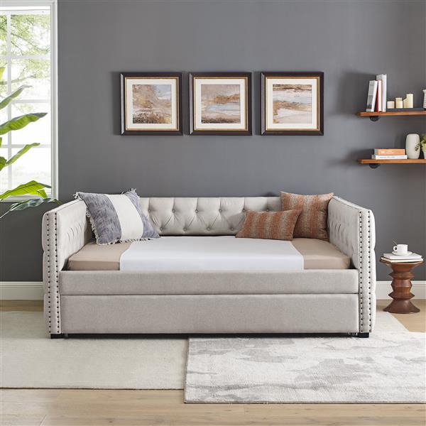 Daybed with Trundle Upholstered Tufted Sofa Bed, with Button and Copper Nail on Square Arms,Full Daybed & Twin Trundle, Beige(85"x57"x31.5")