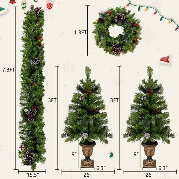 Pre-lit Xmas Tree Artificial Christmas 4-Piece Set,Garland, Wreath and Set of 2 3FT Entrance Trees X-mas with LED Lights, Christmas Tree 