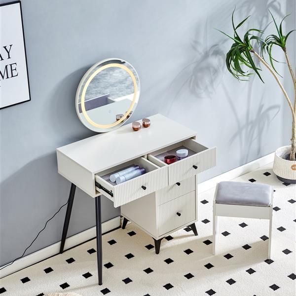 Fluted Makeup Vanity Desk with Round LED  Mirror and Lights, Modern Glass Top Big Vanity Table with 4 Drawers & Adjustable Shelves, Dressing Table Set  with stools table with movable side table