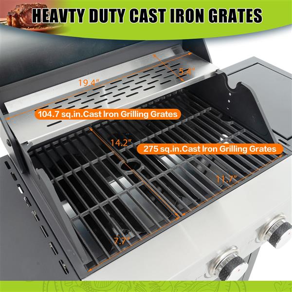 Propane Grill 3 Burner Barbecue Grill Stainless Steel Gas Grill with Side Burner and Thermometer for Outdoor BBQ, Camping