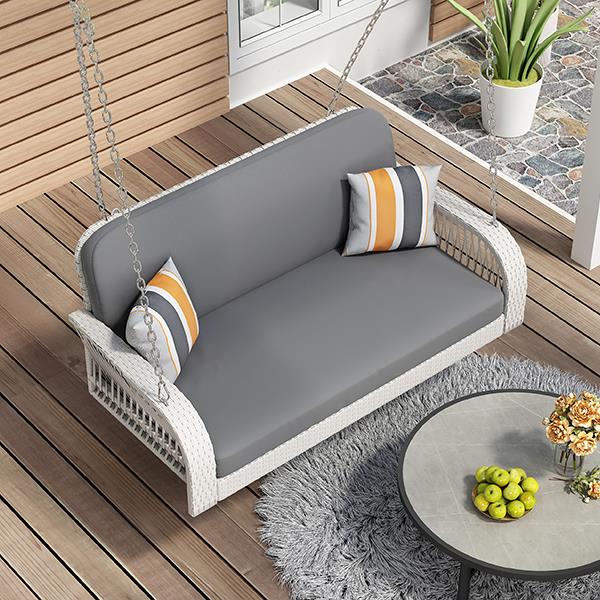 PE Wicker Porch Swing, 2-Seater Hanging Bench With Chains, Patio Furniture Swing For Backyard Garden Poolside, White And Gray