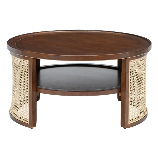 2-Tiered Round Walnut Wood Coffee Table with Storage Rattan Base in 31.3''