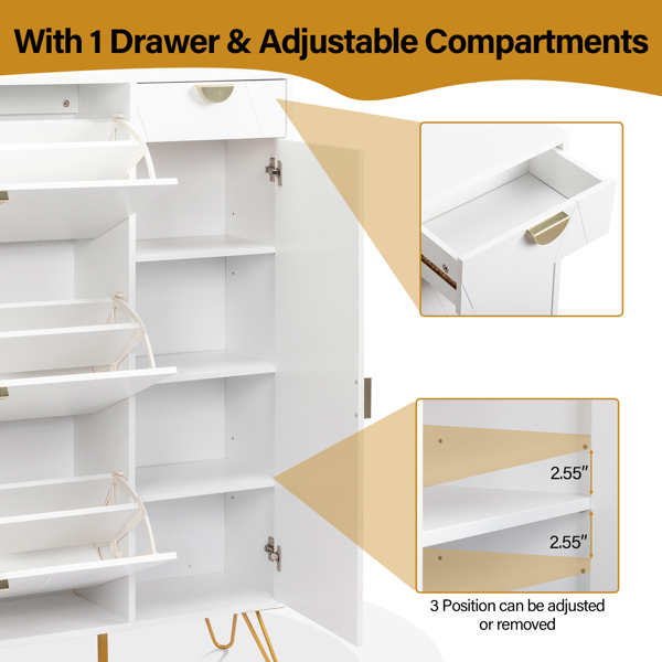 FCH V-shaped carved door panel 3 drawers on the left 1 drawer on the right 1 door shoe cabinet particle board 120*24*125cm white cabinet + gold accessories