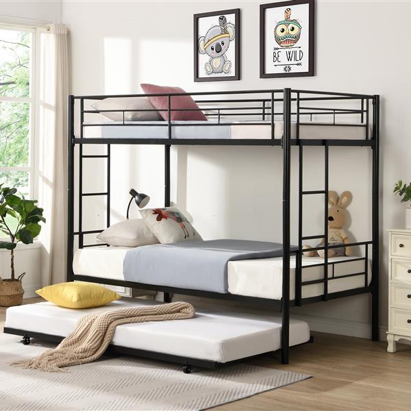 Over Twin Bunk Bed Frame with Trundle,Metal Bunkbed with Sturdy Guard Rail and 2 sideLadders for Kids/Adults,Can be Divided Into Two Beds, No Box Spring Needed, Noise Free for Dorm,Black