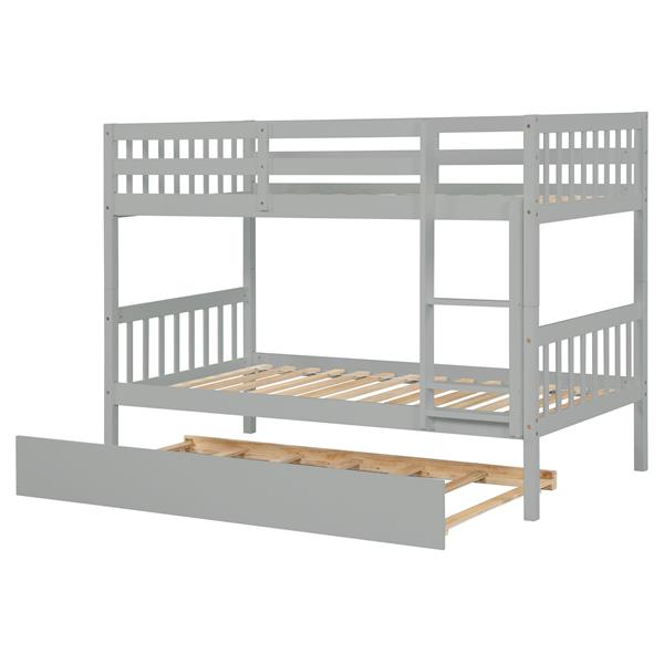 Twin Over Twin Bunk Beds with Trundle, Solid Wood Trundle Bed Frame with Safety Rail and Ladder, Kids/Teens Bedroom, Guest Room Furniture, Can Be converted into 2 Beds,Grey