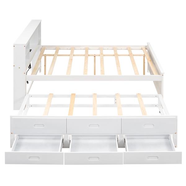 Full Size Platform Bed with Storage Headboard, USB, Twin Size Trundle and 3 Drawers, White