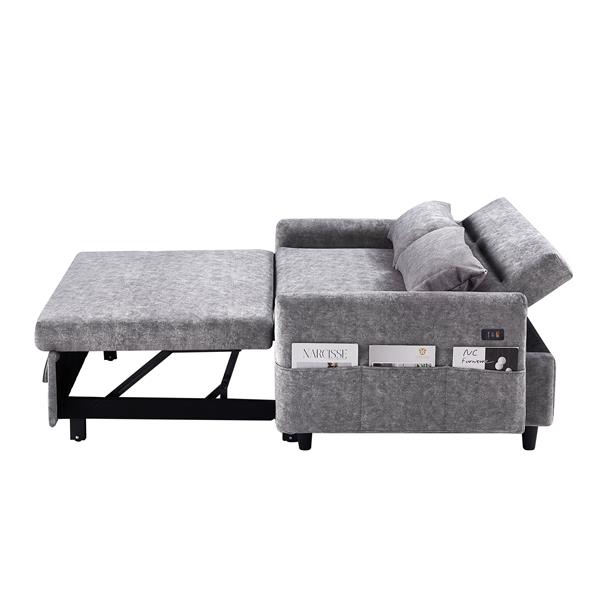 55.1" Pull Out Sleep Sofa Bed Loveseats Sofa Couch with Adjsutable Backrest, Storage Pockets, 2 Soft Pillows, USB Ports for Living Room, Bedroom, Apartment, Office,Grey