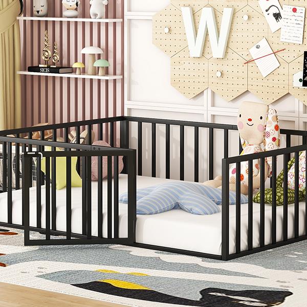 Full Size Metal Floor Bed Frame with Fence and Door, Black