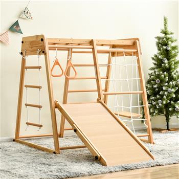 Wooden Indoor Kids Playground Jungle Gym with Slide and Play Table, Toddlers Wooden Climber 8-in-1 Slide Playset, Wooden Rock Climbing Ladder with Rope Wall, Swing Rings, Monkey Bars and Swing