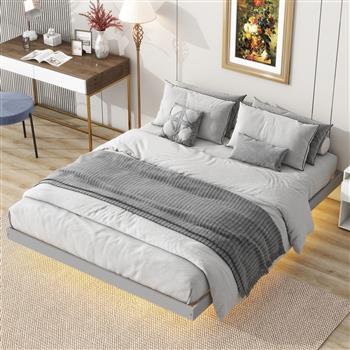 Queen Size Floating Bed with LED Lights Underneath,Modern Queen Size Low Profile Platform Bed with LED Lights,Grey