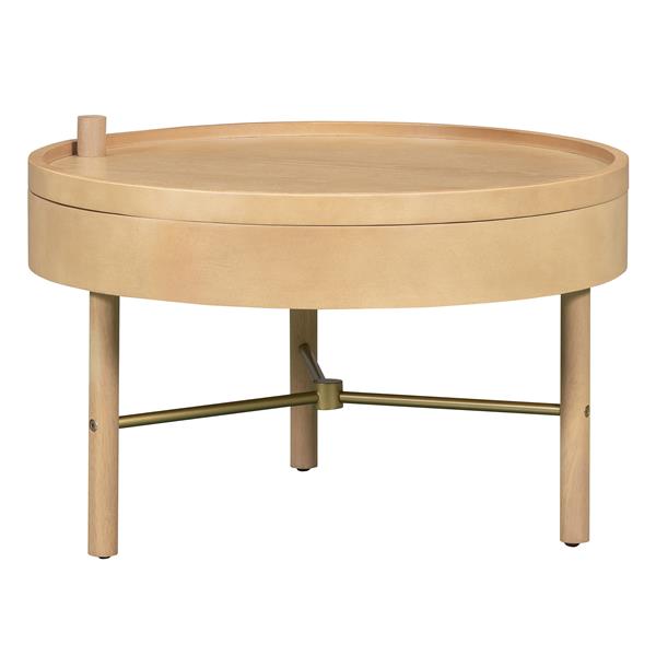 Modern Round Wood Rotating Tray Coffee Table with Storage & Metal Legs in Natural