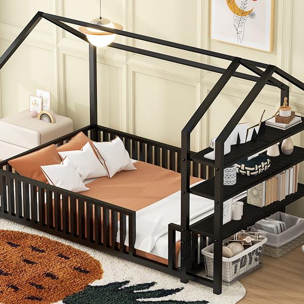 Twin Size Metal House Bed with Fence and Detachable Storage Shelves, Black