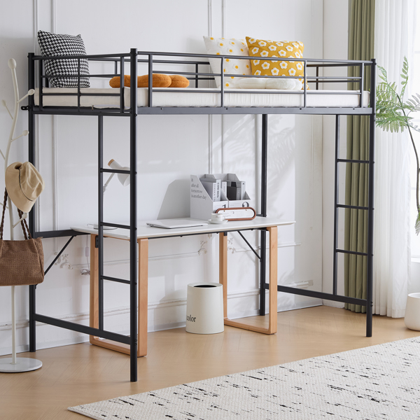 Twin Size Metal Loft Bed with Safety Guardrails & 2 Built-in Ladders, Loft Bunk Bed Frame for Teens Juniors Adults, Space Saving, Noise Free, No Box Spring Needed, Black