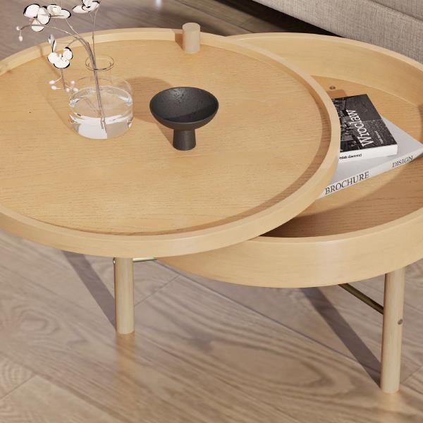 Modern Round Wood Rotating Tray Coffee Table with Storage & Metal Legs in Natural