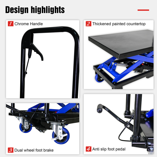 Hydraulic Lift Trolley, 500 LBS Capacity, with 4 Wheels, for Material Handling and Transportation, BLACK+BLUE 