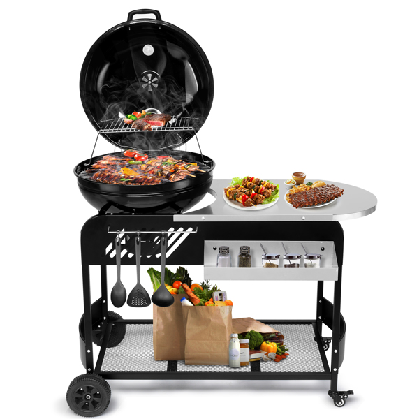 110*45*110cm Portable Charcoal Grill with Wheels and Sidetable, Large BBQ Smoker with Adjustable Vents on Lid for Outdoor Party Camping Picnic