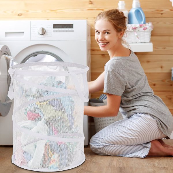 Large Collapsible Laundry Basket Foldable Mesh Pop Up Hamper with Handles for Laundry Room, Bath, Kids Room, College Dorm, Travel, Storage Organizer White