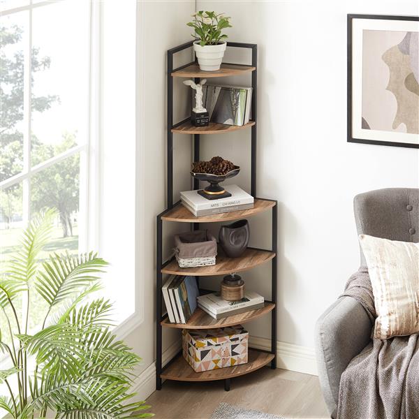 6-Tier Corner Open Shelf Modern Bookcase Wood Rack  Shelving Unit,Plant Album Trinket Sturdy Stand Small Bookshelf Space-Saving for Living Room Home Office Kitchen Small Space Rustic Brown