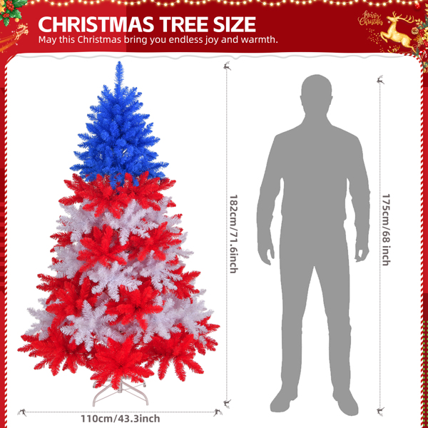 6 FT Patriotic Artificial Christmas Tree, Hinged Tree 4th of July Patriotic Decorations with 900 Branch Tips and Sturdy Metal Stand, Red & White & Blue