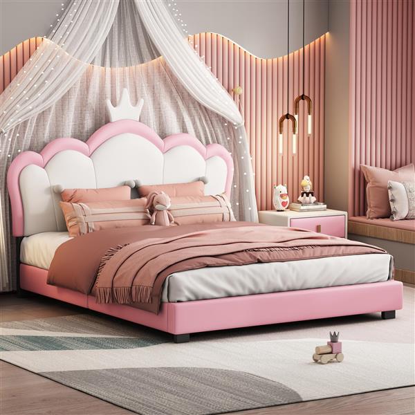 Full size Upholstered Princess Bed With Crown Headboard,Full Size Platform Bed with Headboard and Footboard,White+Pink