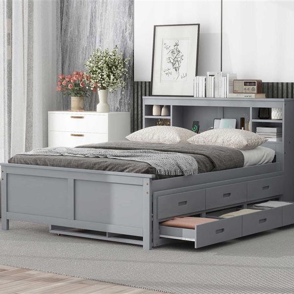 Full Size Platform Bed with Storage Headboard, USB, Twin Size Trundle and 3 Drawers, Gray