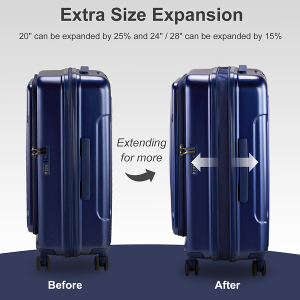 Expandable Carry on Luggage 22 ×14 × 9 Airline Approved with USB Port, ABS+PC 20 Inch  Luggage with Front Compartment, Double Spinner Wheels, TSA Lock, Navy Blue