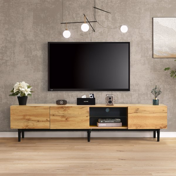 Modern TV Stand with 4 Cabinets& Open Shelves, Color-matching Media Console Table for TVs up to 80'' with LED Light, Entertainment Center with Drop Down Door for Living Room, Bedroom, Home Theatre 