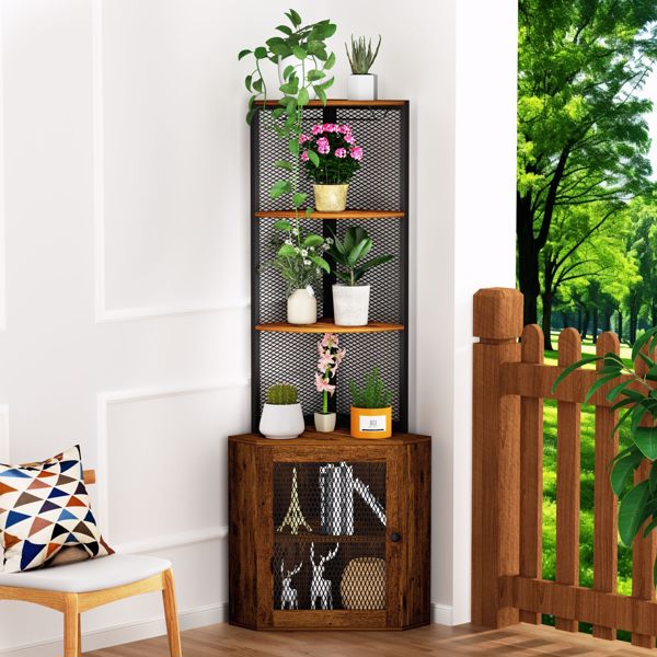 Corner Shelf with Doors, 65" Corner Cabinet  & Wine Glass Rack, 6 Tier Bookshelf Display, Freestanding Corner Storage Stand for Kitchen, Living Room, Balcony[Unable to ship on weekends, please note]