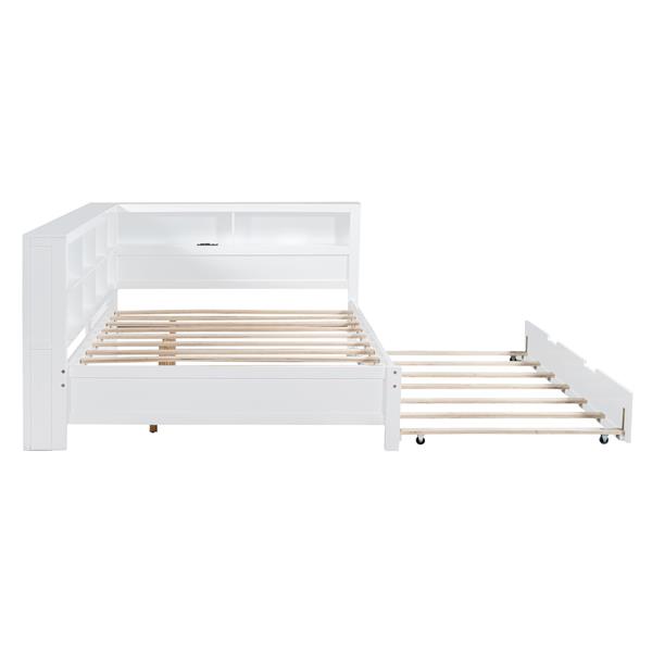 Wooden Full Size DayBed with Twin Size Trundle, DayBed with Storage Shelf and USB Charging Ports,White